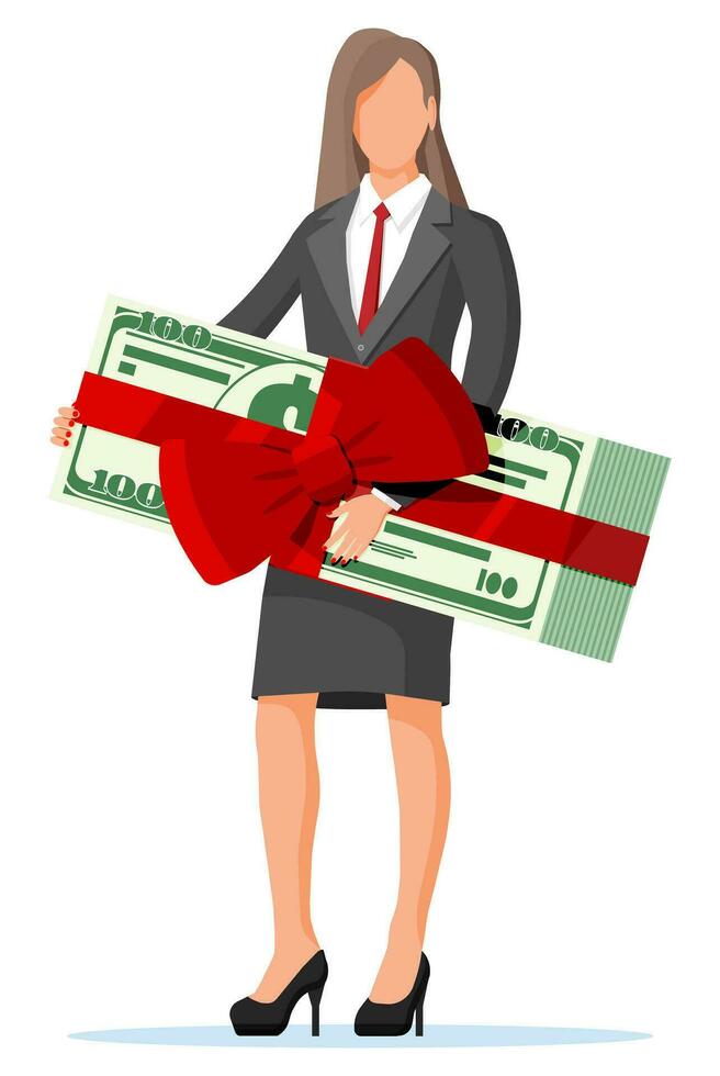 Successful businesswoman celebrates victory holding dollar bundle with ribbon and bow. Business success, triumph, goal or achievement. Winning of competition. Vector illustration flat style