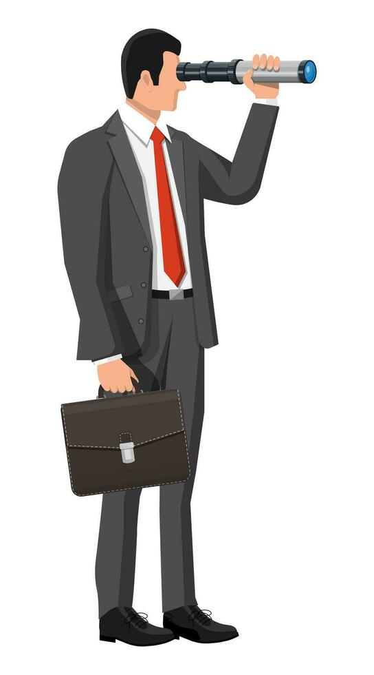 Businessman with briefcase looking for opportunities in spyglass. Business man with telescope. Searches new perspectives. Looking in future. Leadership or visionary. Vector illustration in flat style