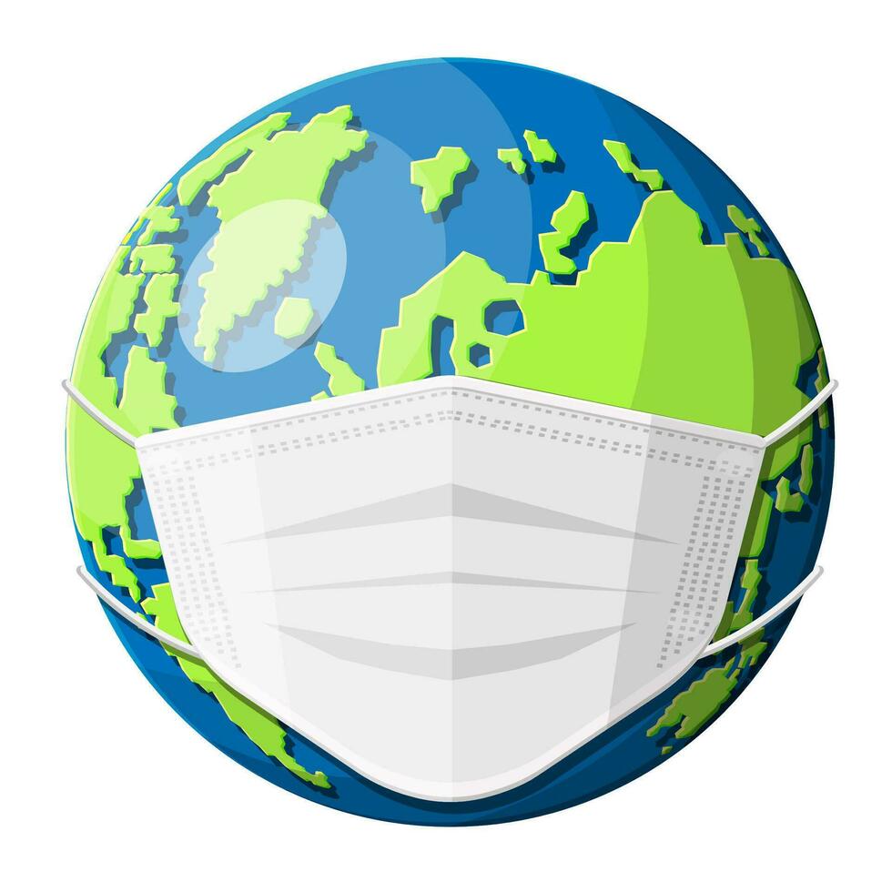Earth with medical mask. Save world, prevention of coronavirus diseases. Covid-19, coronavirus, ncov panic. Protection against corona virus. Planet wears health face mask. Flat vector illustration
