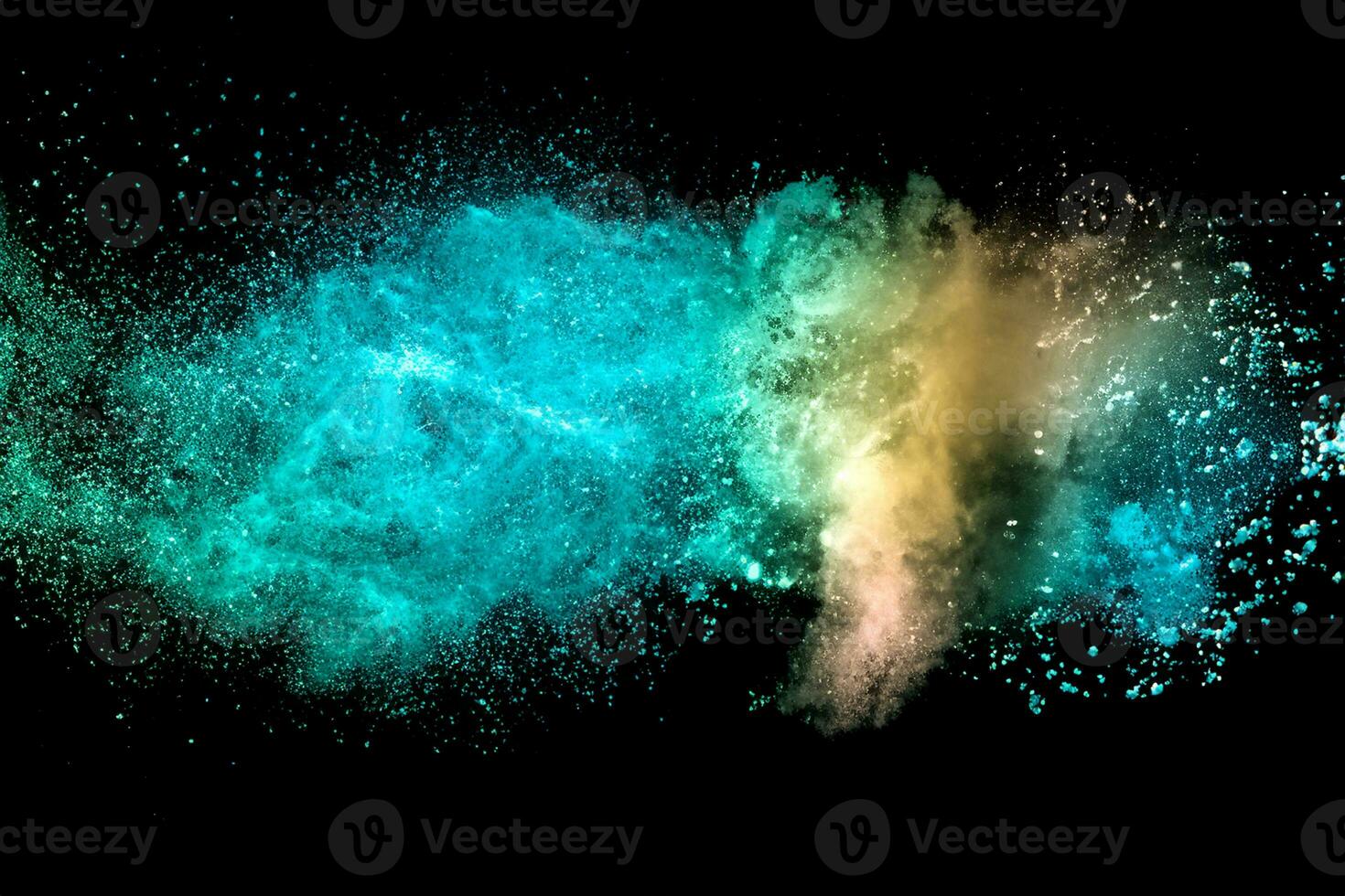 Abstract multicolored powder explosion on black background. Red and blue dust particles splattered on background. photo