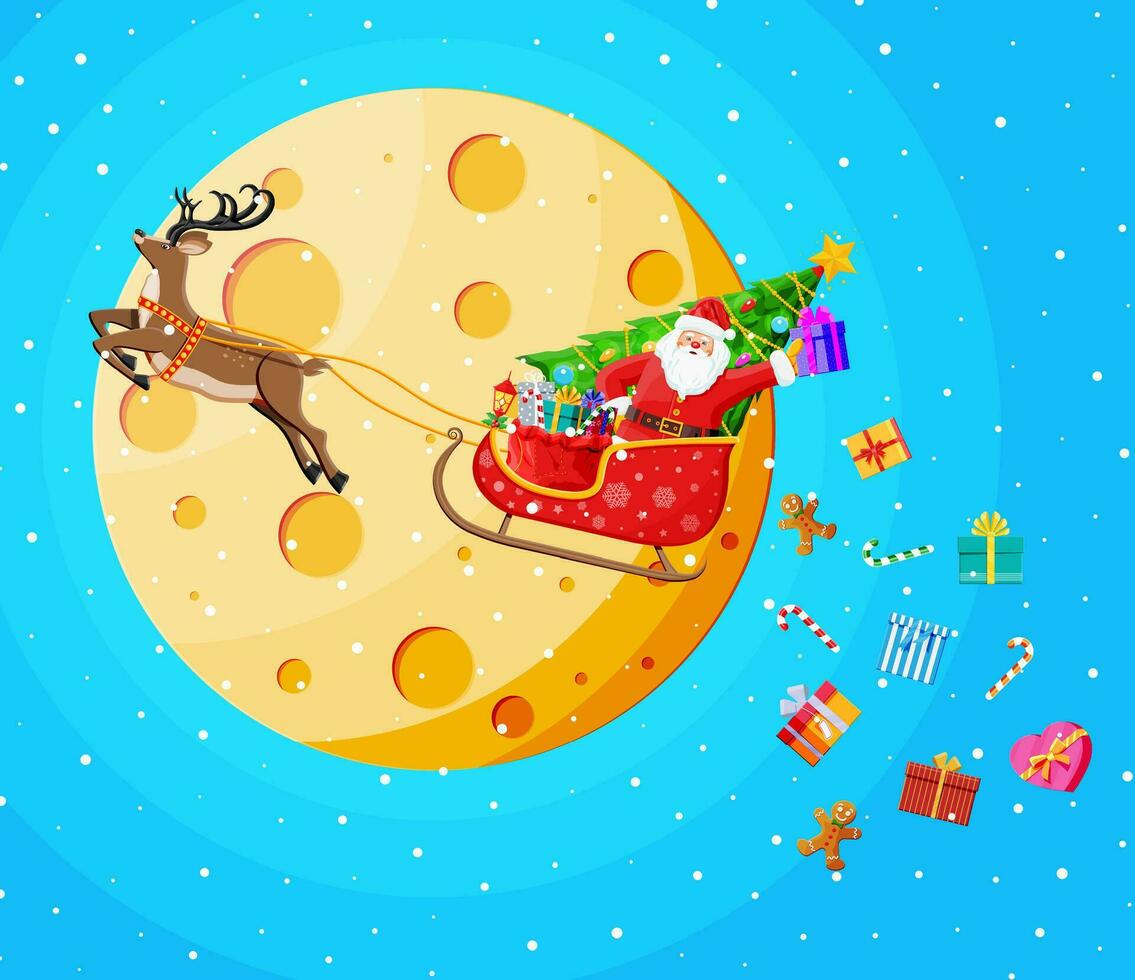 Santa claus on sleigh full of gifts and his reindeer. Santa drops christmas presents. Happy new year decoration. Merry christmas holiday. New year and xmas celebration. Flat vector illustration