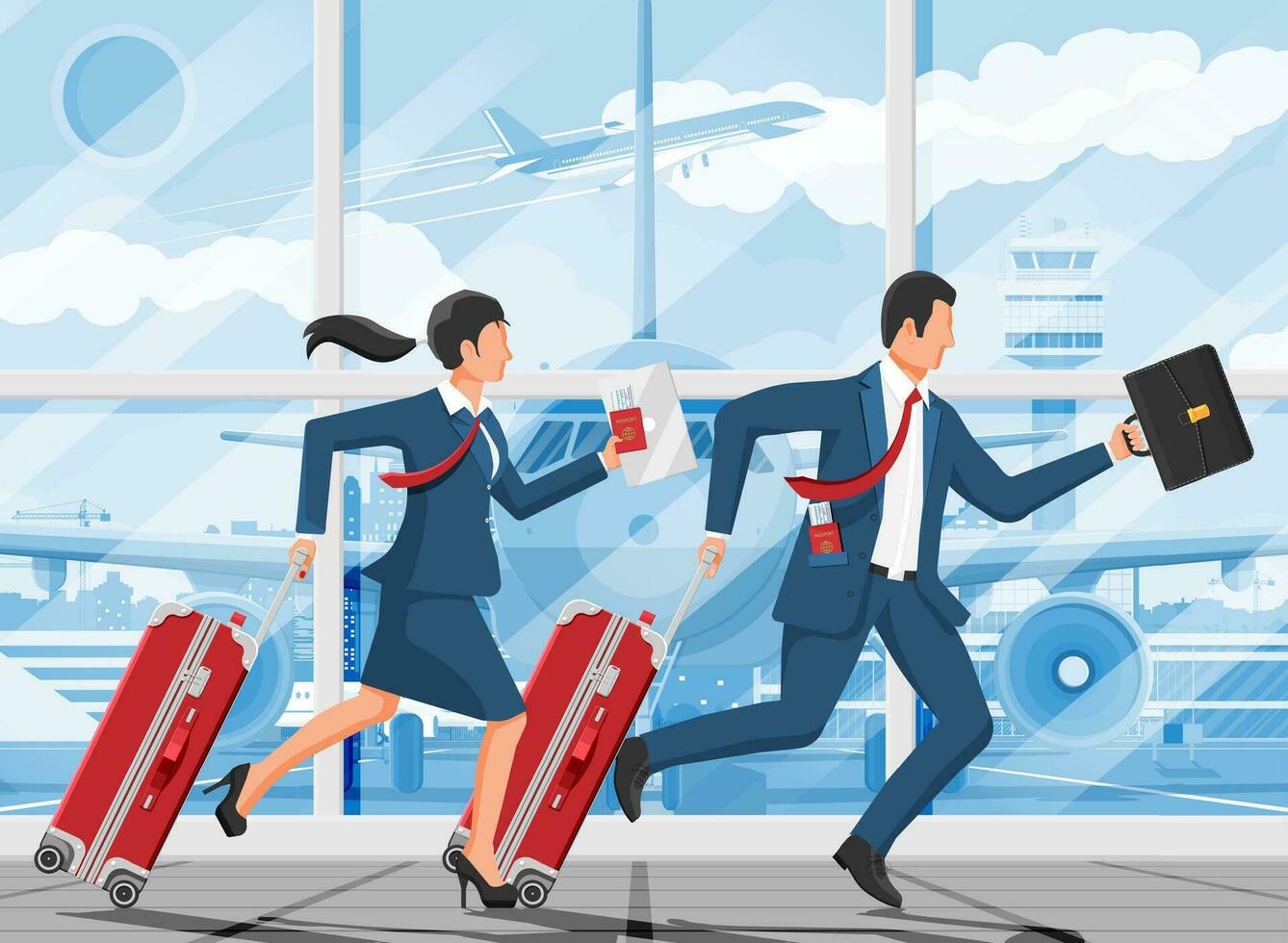 Man with Travel Bag. Tourist with Suitcase, Briefcase, Running to Airport. Businesswoman with Luggage. Business Man with Baggage. Business Flight. Airfield with Airplane. Flat Vector Illustration