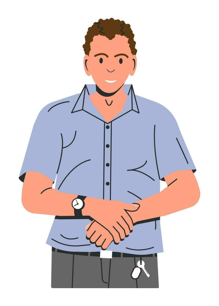 contento hombre en casual ropa aislado. joven oficina trabajador con Rizado cabello. confidente empleado en pie en formal ropa. masculino personaje en camisa y pantalones. dibujos animados plano vector ilustración