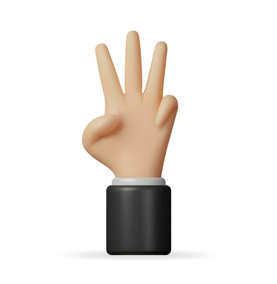 3D Hand Showing Three Fingers Isolated. Render Hand Gesture Symbol. Index, Ring and Middle Fingers are Unclenched and Raised Up. Cartoon Emoji Icon. Vector Illustration
