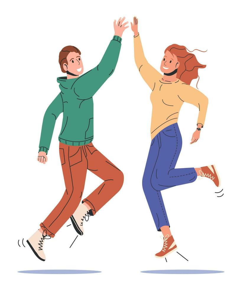 contento hombre y mujer saltando aislado. masculino y hembra caracteres. joven Pareja alegrarse. personas celebrando cumpleaños o fiesta personas vistiendo en de moda casual ropa. dibujos animados plano vector ilustración