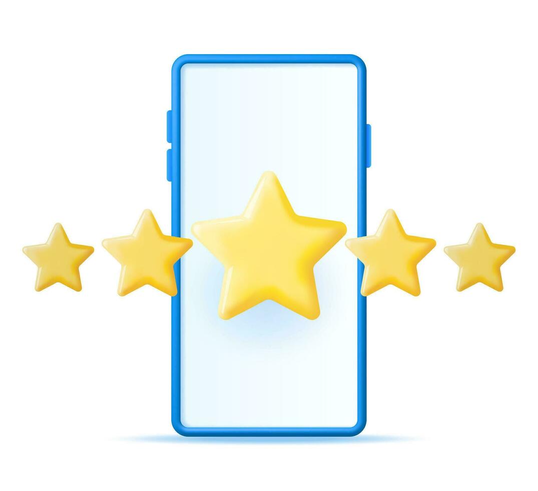 3D Smartphone with Customer Feedback Isolated. Reviews Toy Round Star in Phone Realistic Render. Testimonials, Rating, Feedback, Survey, Quality and Review. Achievements or Goal. Vector Illustration