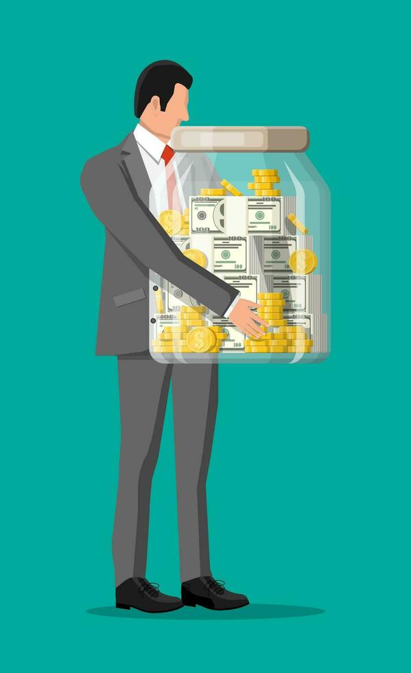 Businessman holding big money box. Glass money jar full of gold coins and dollar banknotes. Growth, income, savings, investment. Symbol of wealth. Business success. Flat style vector illustration.