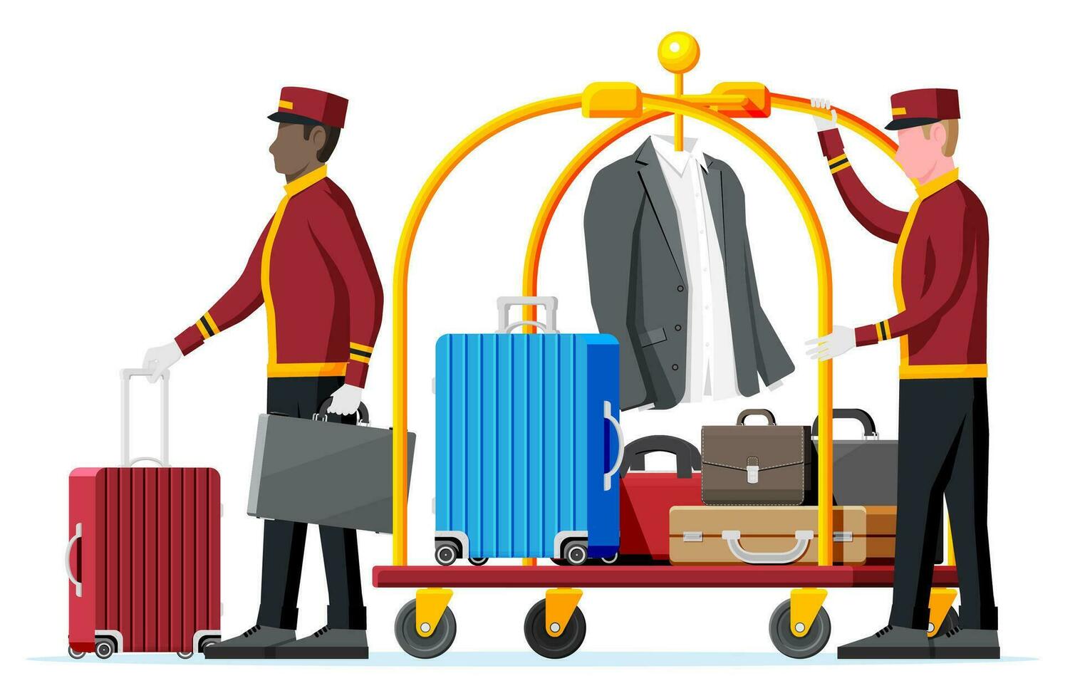 hotel equipaje carro y botones personaje. botones trabajador con hotel equipaje carretilla con pantalones aislado. carretilla para transporte en hotel. vacaciones y viajar. plano vector ilustración