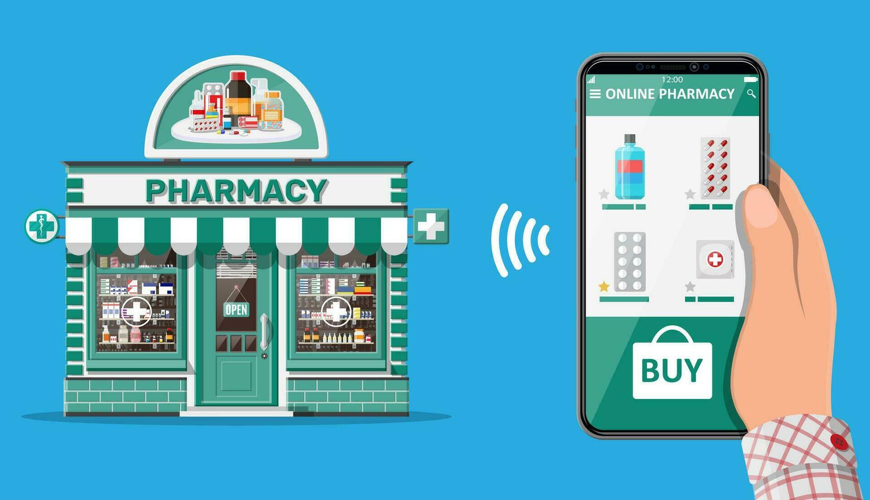 Hand holding mobile phone with internet pharmacy shopping app. Pharmacy shop facade. Medical assistance, help, support online. Health care application on smartphone. Vector illustration in flat style