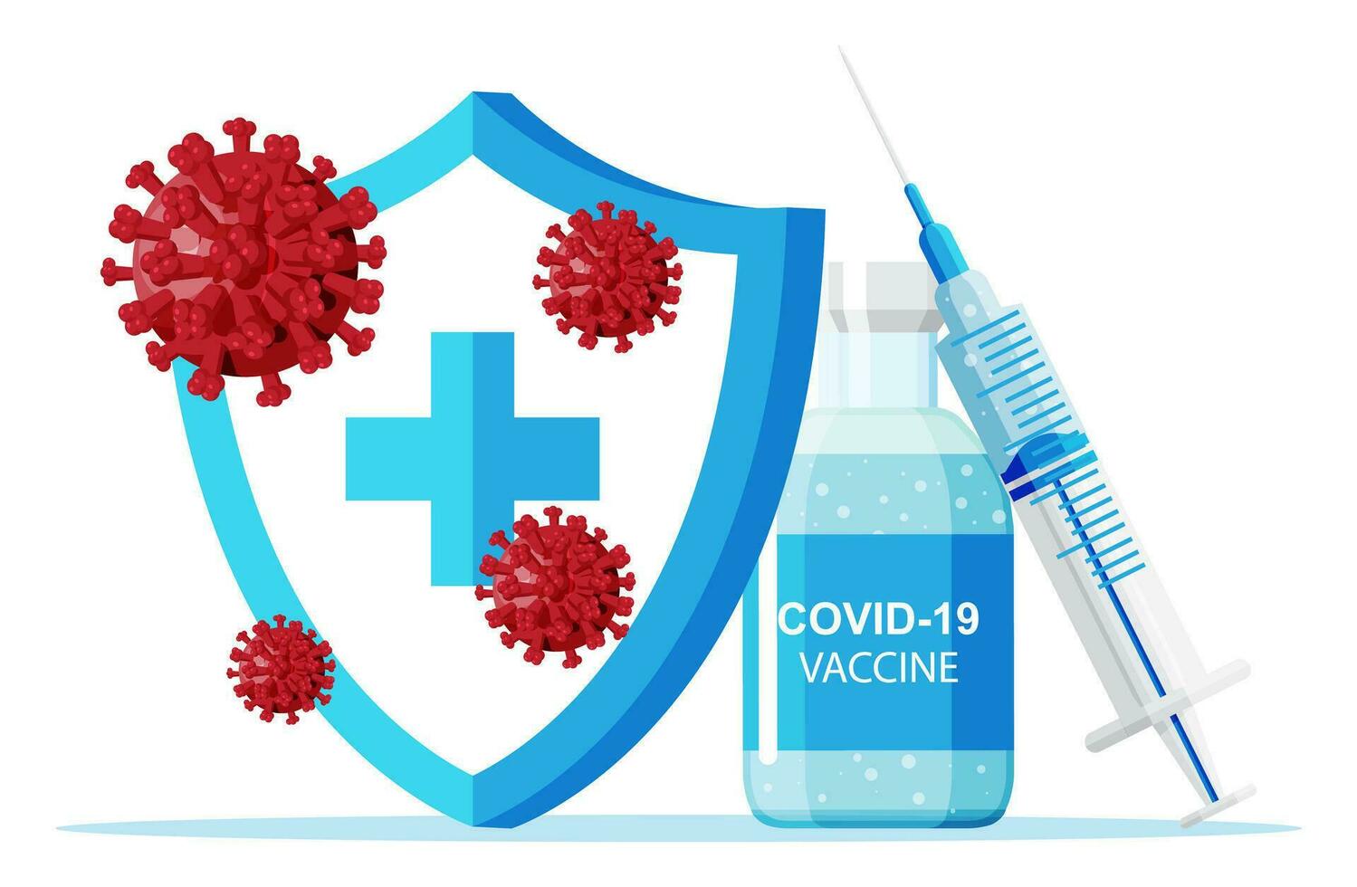 Vaccination against coronavirus. Time to vaccinate, concept. Medical syringe injection vaccination. Shield protect against corona virus, cell models, Health care. Flat vector illustration