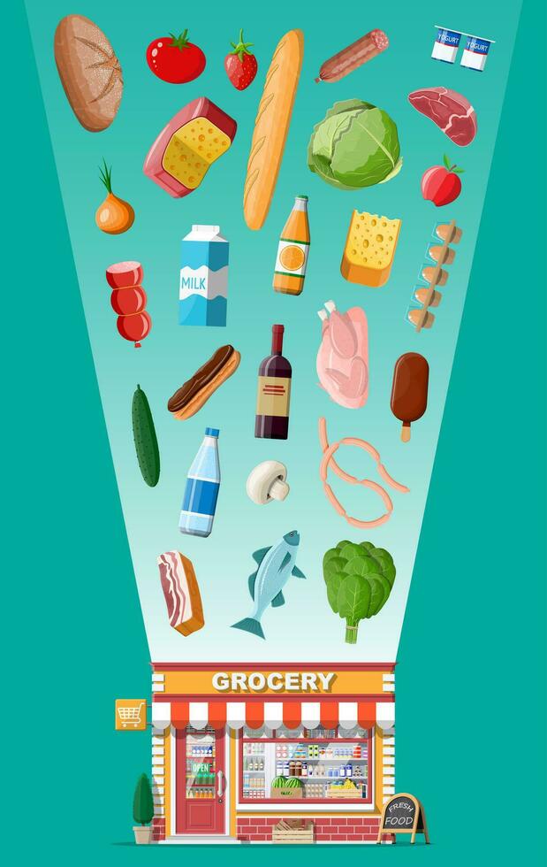Grocery store front with window and door. Wooden and brick facade. Glass showcase of boutique. Food and drinks over shop exterior. Commercial, property, market or supermarket. Flat vector illustration