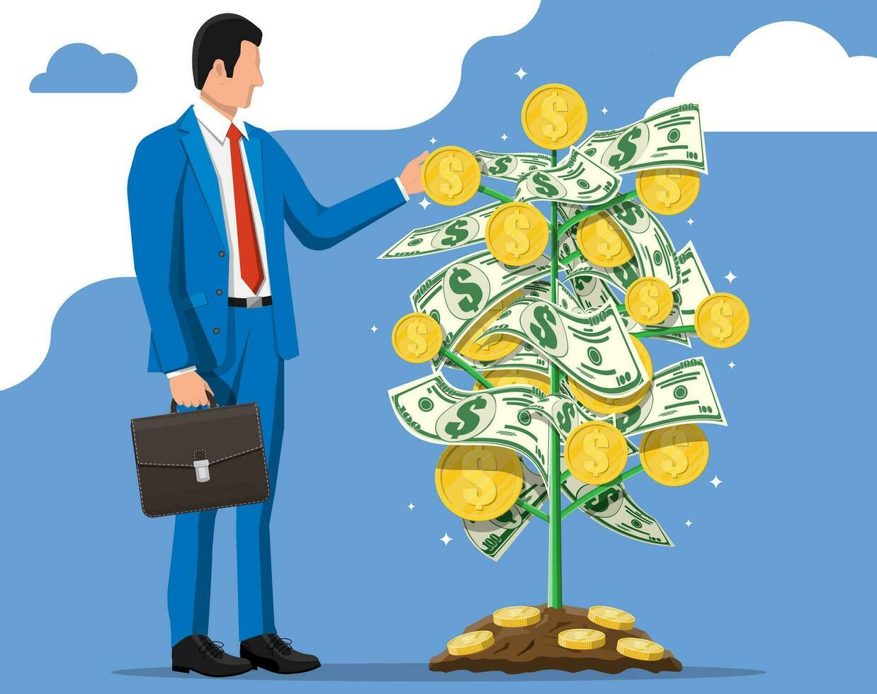 Businessman harvests from money coin tree. Growing money tree. Investment, investing. Gold coins and dollar banknotes on branches. Symbol of wealth. Business success. Flat vector illustration.