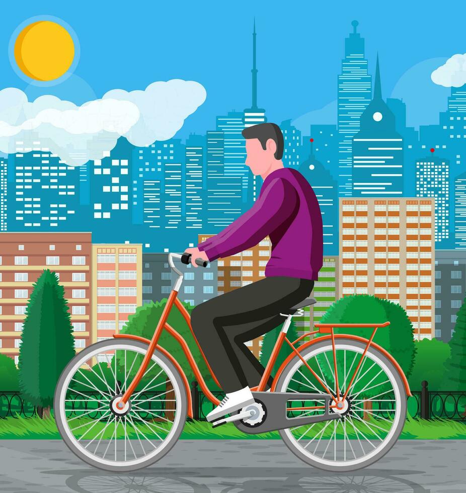 hombre en antiguo ciudad bicicleta. chico paseo Clásico amarillo bicicleta aislado en blanco. urbano transporte vehículo. paisaje urbano panorama con edificio. vector ilustración en plano estilo