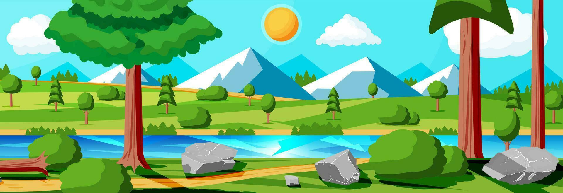 paisaje de montañas y verde sierras. verano naturaleza paisaje con rocas, bosque, césped, sol, cielo, lago y nubes nacional parque o naturaleza reservar. vector ilustración en plano estilo