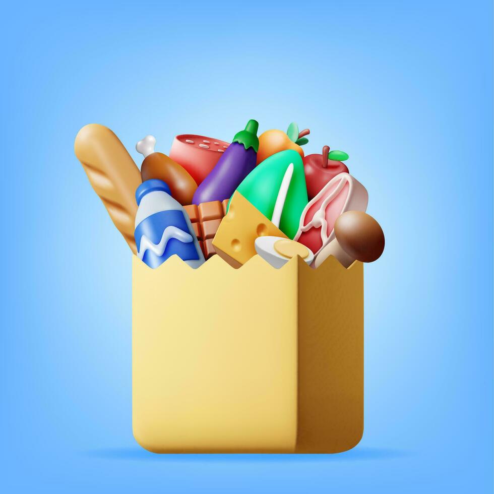 3D Shopping Paper Bag with Fresh Products. Render Grocery Store, Supermarket. Food and Drinks. Milk, Vegetables, Meat Chicken, Cheese, Sausage, Salad, Bread, Chocolate and Egg. Vector illustration