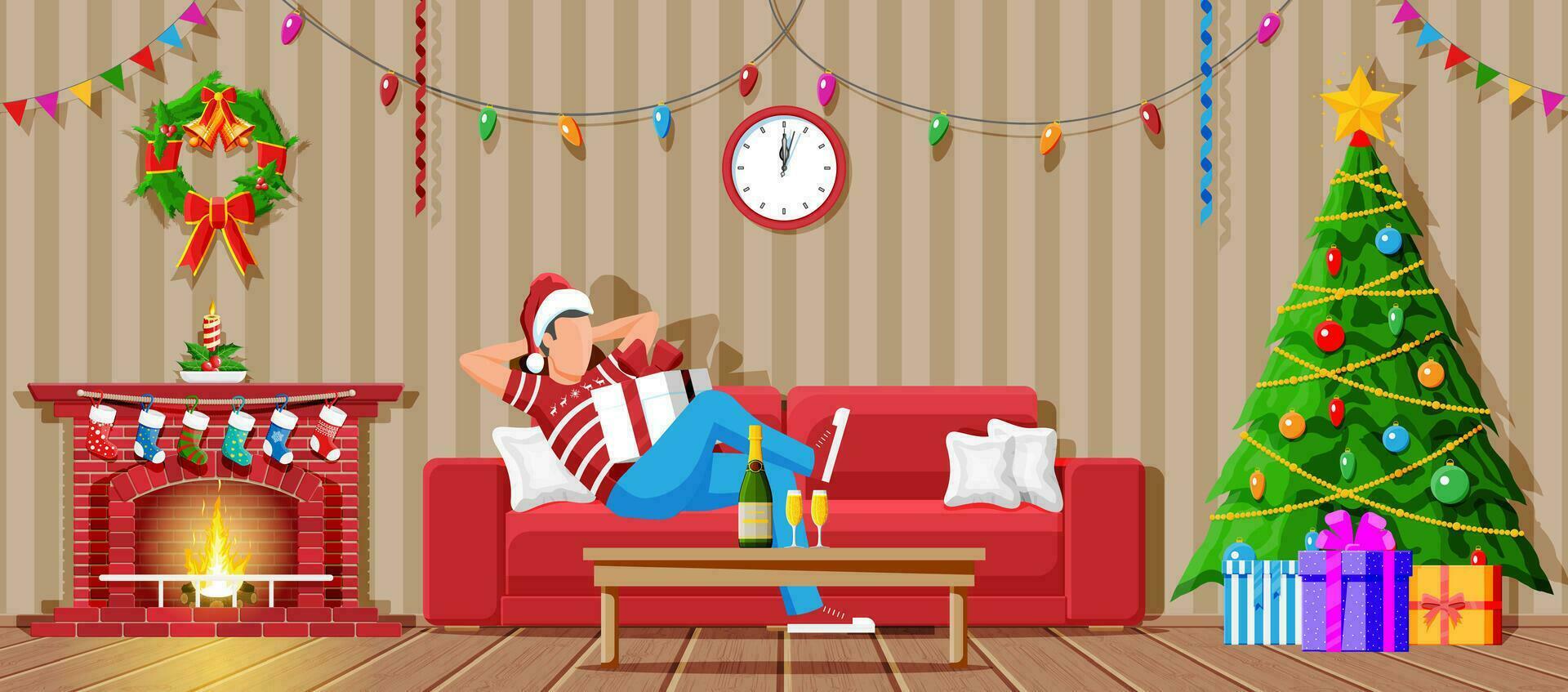 Cozy Interior of Living Room with Man on Sofa, Table, Fireplace, Christmas Tree. Happy New Year Decoration. Merry Christmas Holiday. New Year and Xmas Celebration. Cartoon Flat Vector Illustration