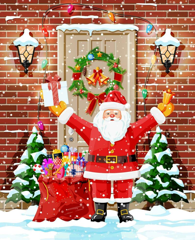 Christmas door decoration. Gift in hand of santa claus. Entrance to suburban house decorated with wreath, garland lights. Holiday greetings. New year and xmas celebration. Flat vector illustration