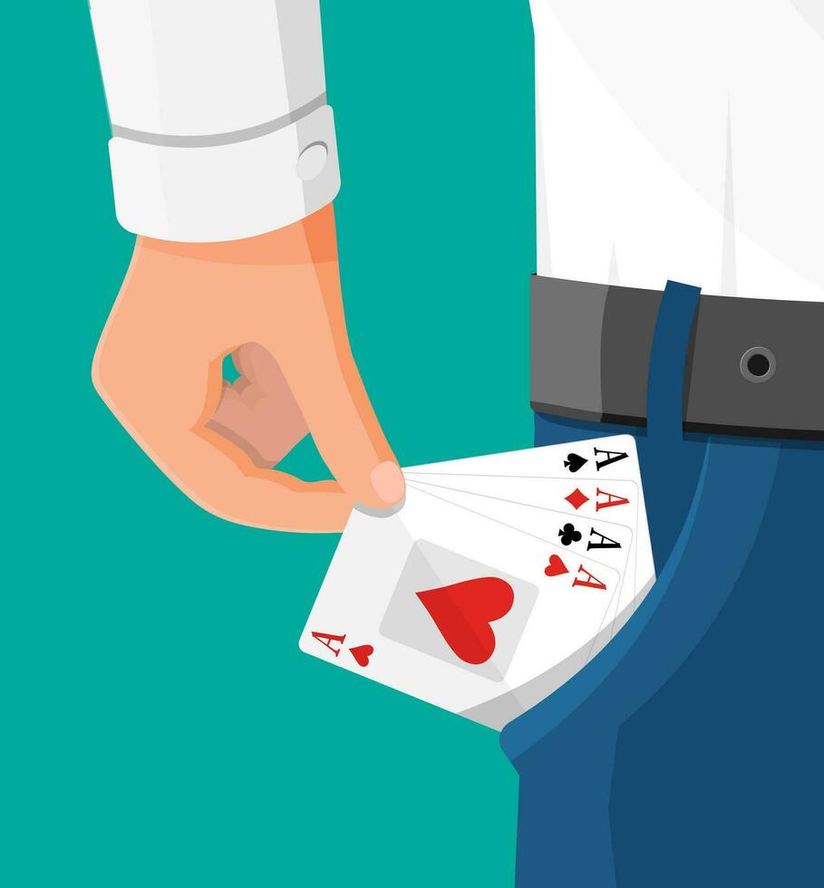 Businessman hides aces playing cards in his pocket. Ace in the pocket. Concept of backup or plan B, second chance. Cheating at play, luck or business success. Flat vector illustration
