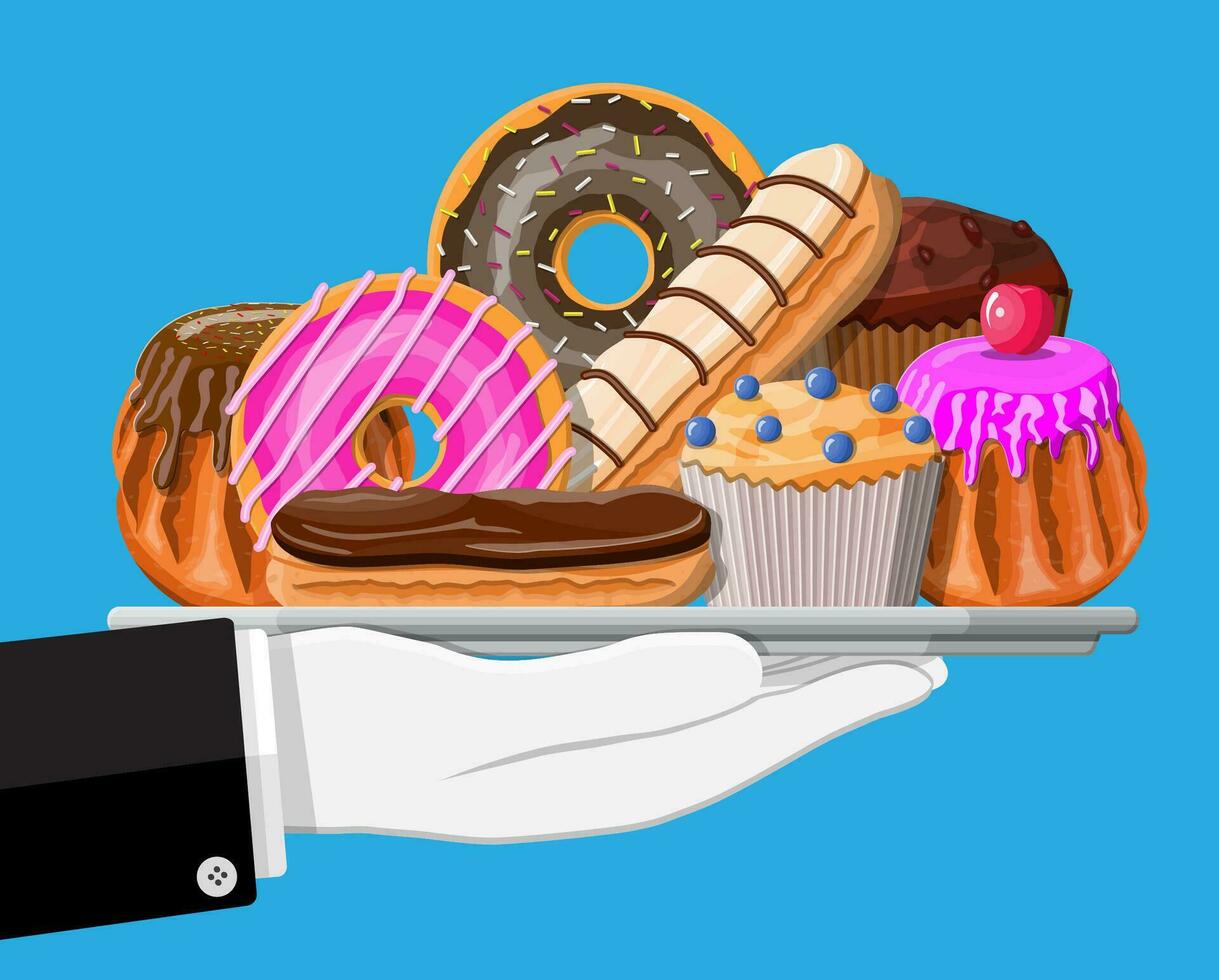 dulce postres en bandeja en mano. sabroso alimento. Pastelería o panadería. eclair, rosquilla, mollete. chocolate pasteles con crema lactoso y baya. vector ilustración en plano estilo