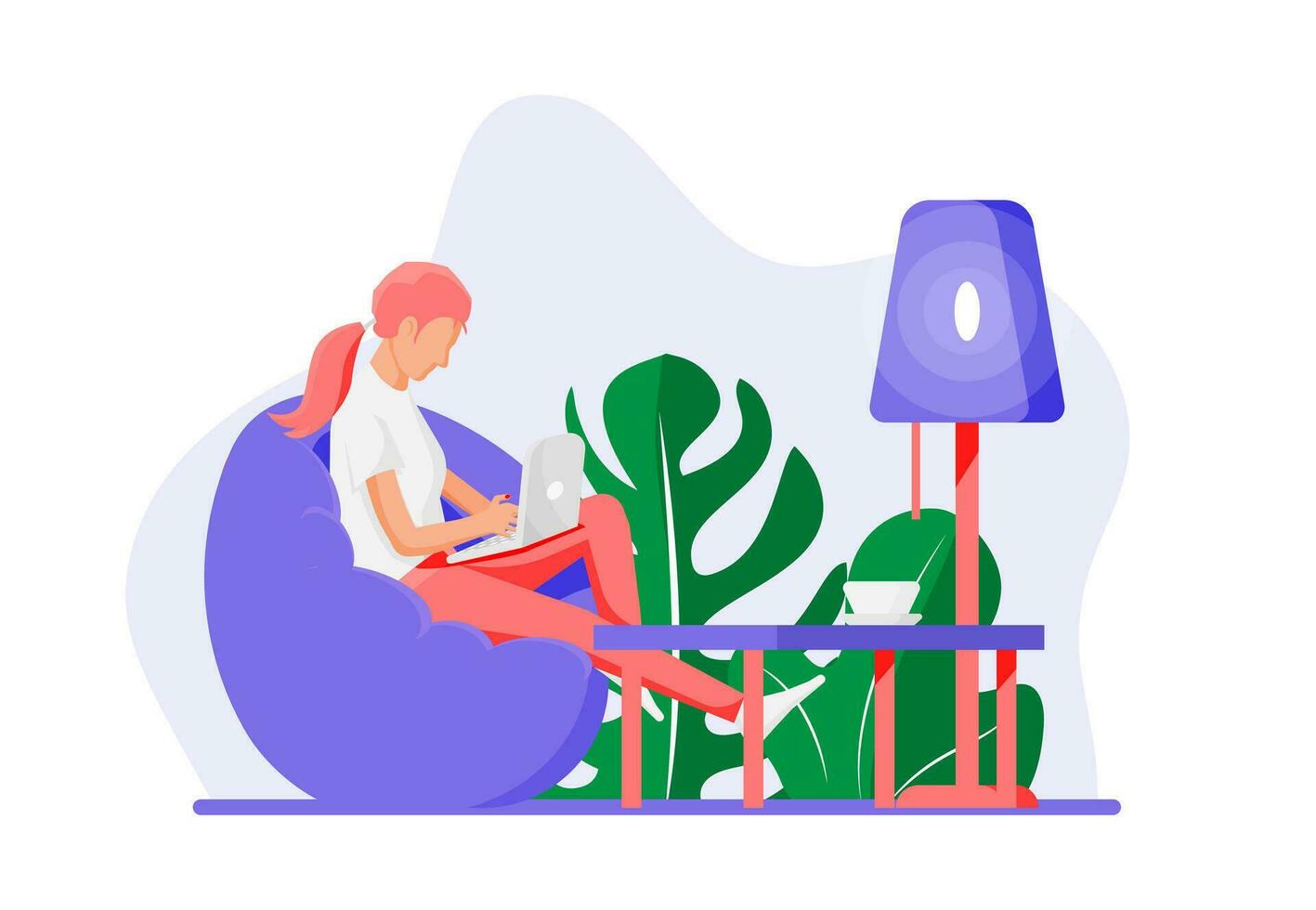 Freelancer woman with laptop in beanbag chair. Relaxed freelance businesswoman work at home. Character in casual clothes sitting with phone and computer. Table, lamp, coffee, plant. Flat style vector