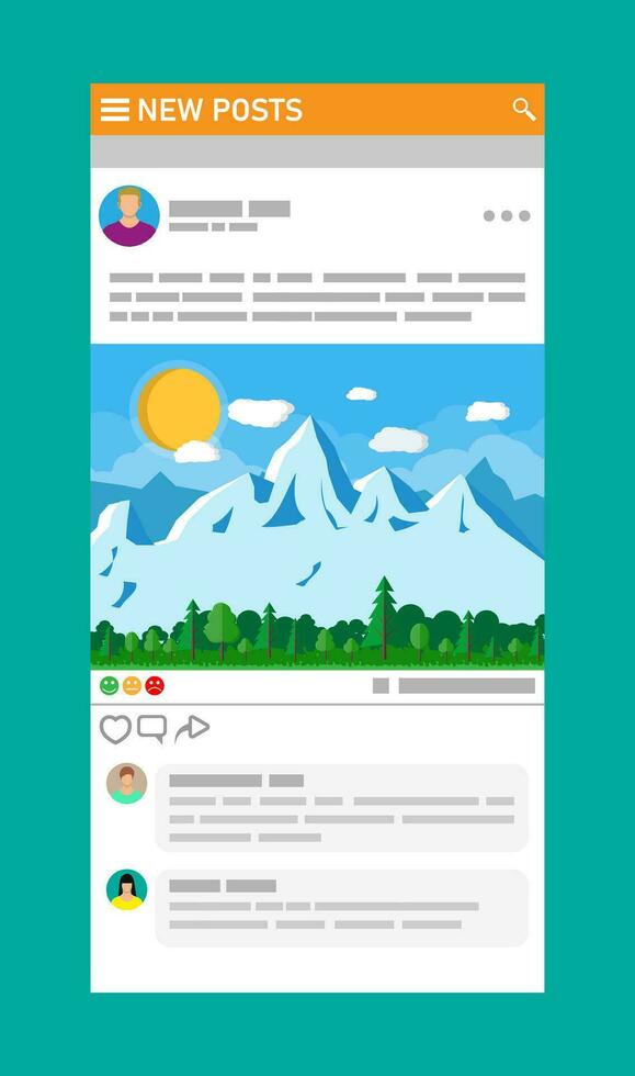 Social network interface template. News post frames pages on mobile device. Users comment on photo. Social resources application mock up. Vector illustration in flat style