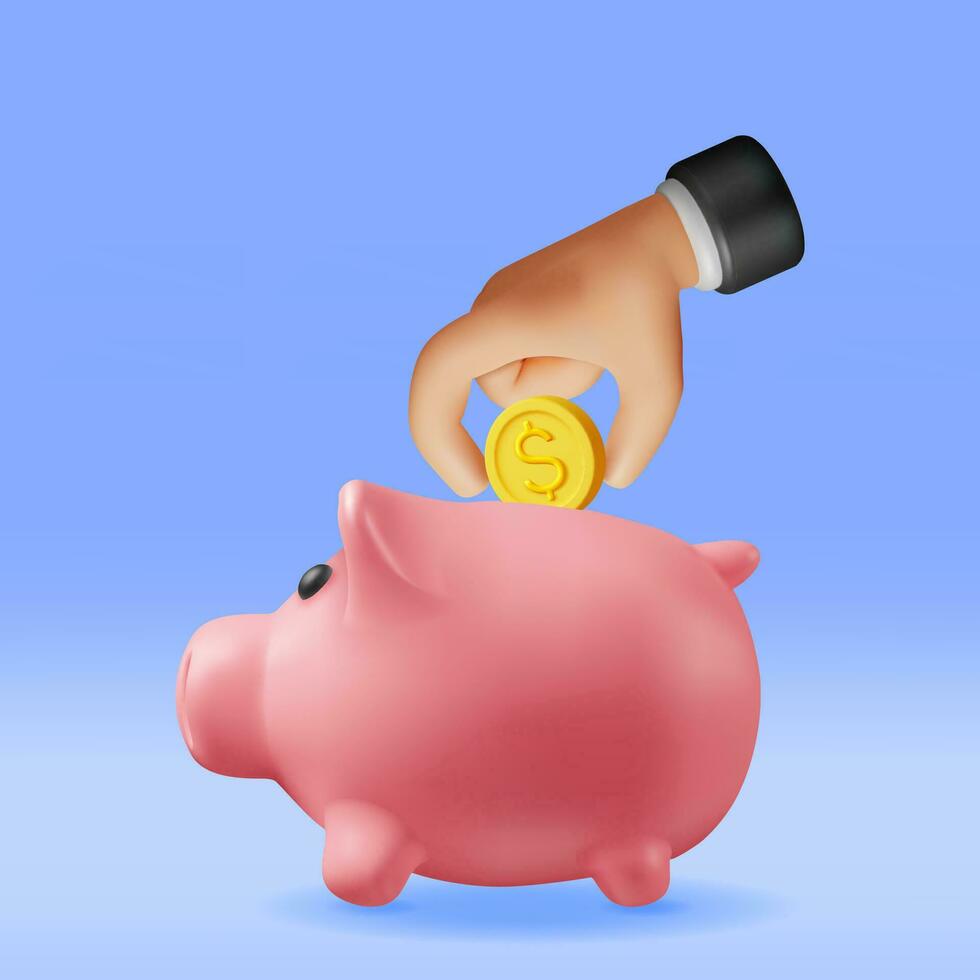 3D Piggy Bank with Coins in Hand Isolated. Render Plastic Piggy Bank for Money. Moneybox in Form of Pig. Concept of Cash Money, Business Deposit Investment, Financial Savings. Vector Illustration