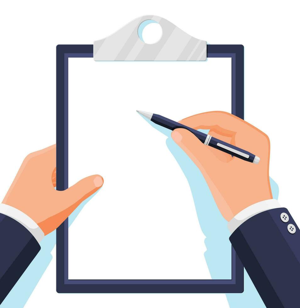Clipboard with Empty Paper Sheet and Pen in Hand Isolated on White. Blue Clip Board with White Paper and Pen Put Alongside. Office Stationery or Paperwork Concept. Cartoon Flat Vector Illustration