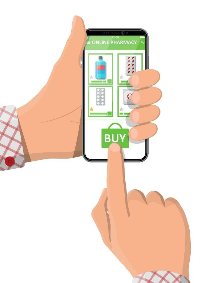 Hand holding mobile phone with internet pharmacy shopping app. Medical assistance, help, support online. Health care application on smartphone. Vector illustration in flat style