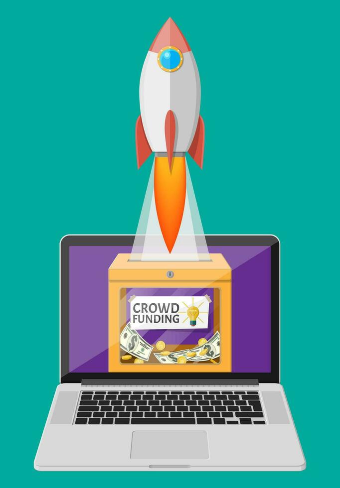 Donate box with money and space rocket on laptop. Funding project by raising monetary contributions from people. Crowdfunding concept, startup or new business model. Vector illustration in flat style