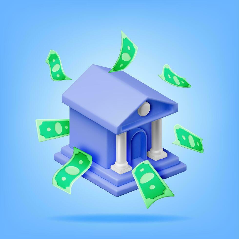 3D Bank Building and Cash Money. Render Financial House Icon. Construction with Columns in Ancient Design. Money Deposit and Withdrawal, Financial Transactions Service Banking. Vector Illustration