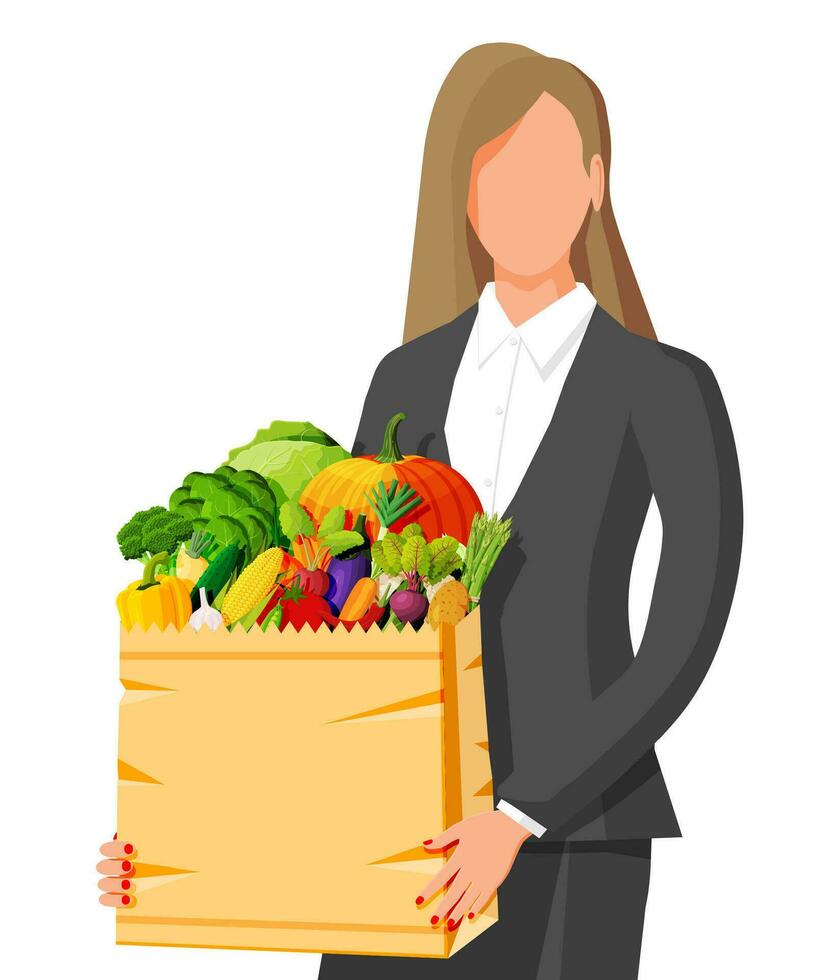 Woman customer with paper bag full of fresh vegetables. Farming fresh food, organic agriculture products. Onion, cabbage, pepper, pumpkin, cucumber, tomato, other vegetables. Flat vector illustration