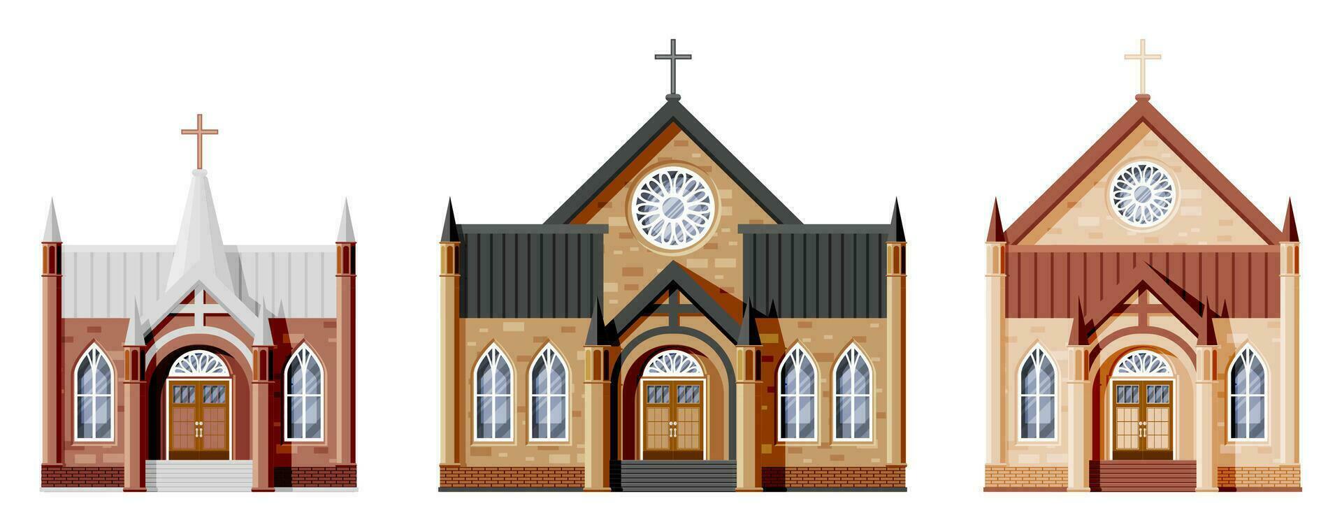 Exterior of Catholic or Protestant Church Set. Collection of Small Cathedral in Gothic Style. Chapel with Tower with Cross Isolated. Suburb or Village Church Concept. Flat Vector Illustration