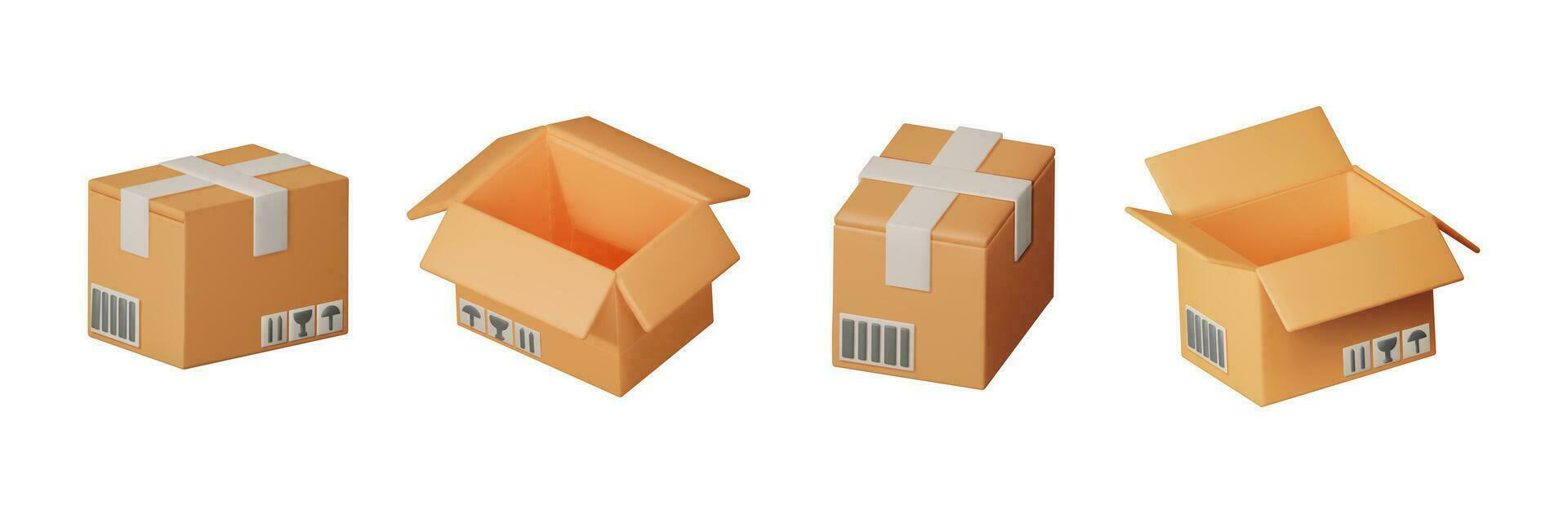 3D Carton Packaging Box Set Isolated on White. Render Collection of Cardboard Package with Cover. Postal Signs of Fragile. Carton Delivery Packaging. Transportation and Logistics. Vector Illustration