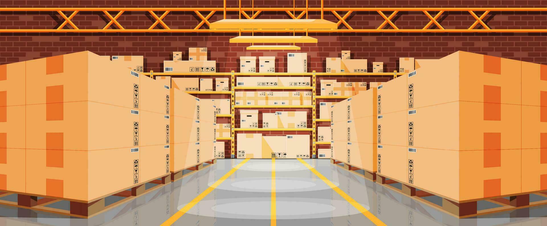 almacén interior con bienes y envase paquete cajas pila cartulina cajas colocar. caja de cartón entrega embalaje abierto y cerrado caja con frágil señales. vector ilustración en plano estilo