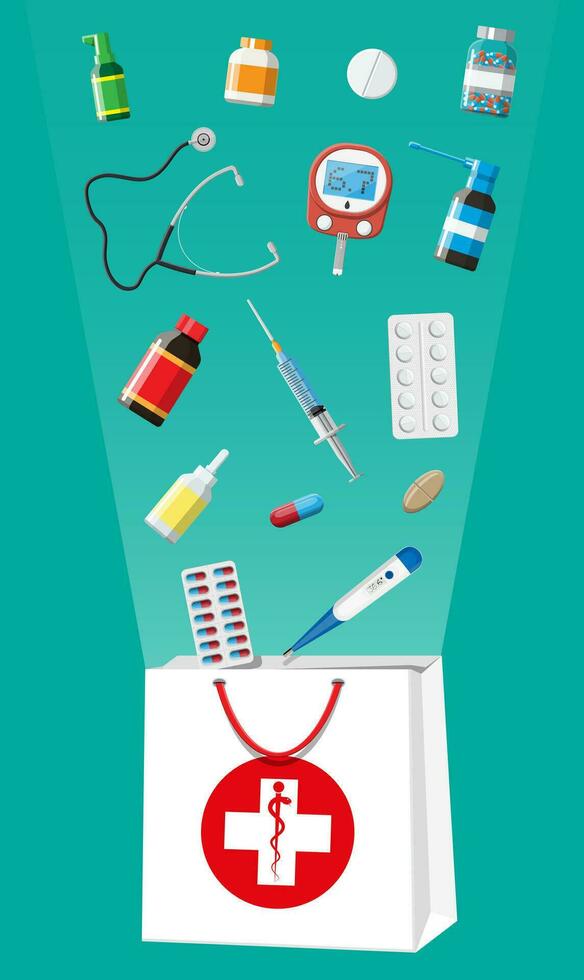 Medicine collection in bag. Set of bottles, tablets, pills, capsules and sprays for illness and pain treatment. Medical drug, vitamin, antibiotic. Healthcare and pharmacy. Flat vector illustration