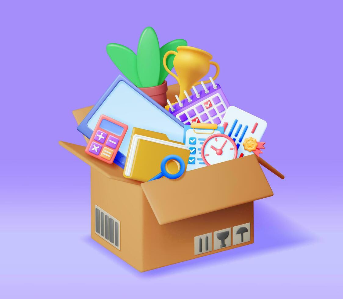 3D Cardboard Box Full of Office Stuff. Render Concept of Moving to New Office. File Folder, Document Paper, Certificate, Calculator, Calendar, Clock, Trophy, Computer and Plant. Vector illustration