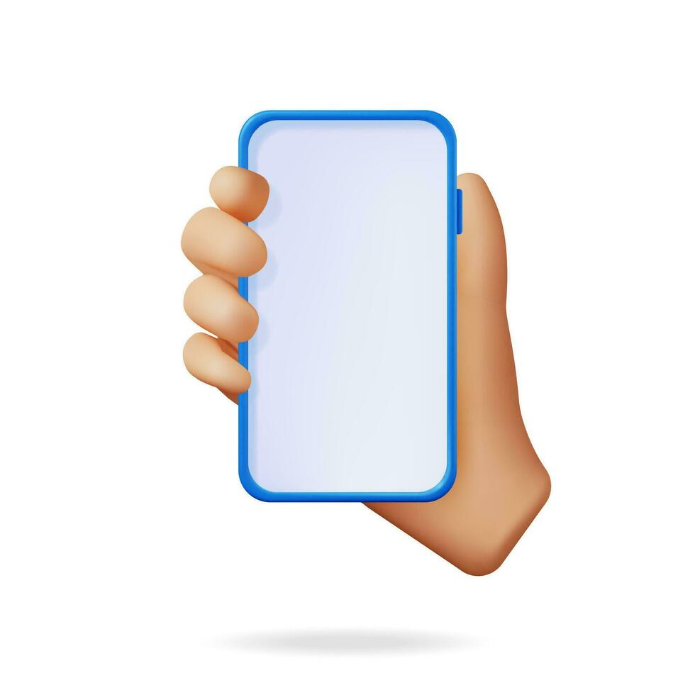 3d Realistic Hand Holding Smartphone with Empty Screen. Front View Smart Phone in Hand Mockup Render. 3D Telephone Blue Color. Modern Mobile Gadget Device Icon. Vector Illustration
