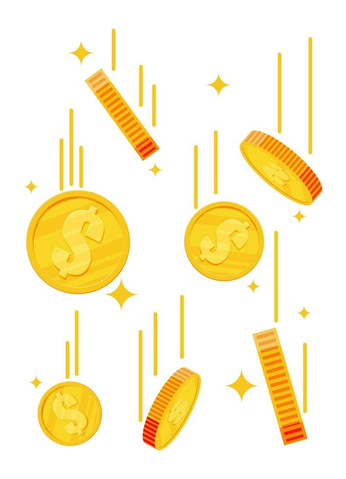 Falling gold coins. Money rain. Golden coins with dollar sign. Growth, income, savings, investment. Symbol of wealth. Business success. Flat style vector illustration.