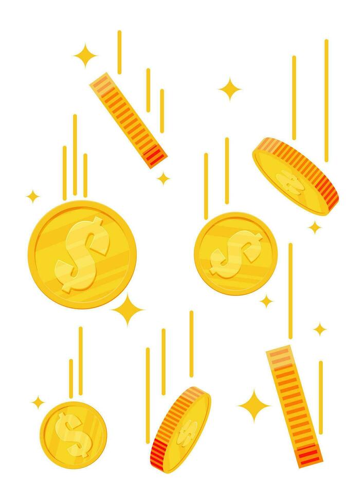 que cae oro monedas dinero lluvia. dorado monedas con dólar signo. crecimiento, ingreso, ahorros, inversión. símbolo de poder. negocio éxito. plano estilo vector ilustración.