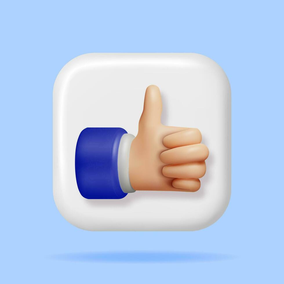 3D Thumbs Up Hand Gesture Button Isolated. Render Like Hand Symbol. Customer Rating or Vote Icons. Like or Love Button for Social Media and Mobile App. Cartoon Fingers Gestures. Vector Illustration