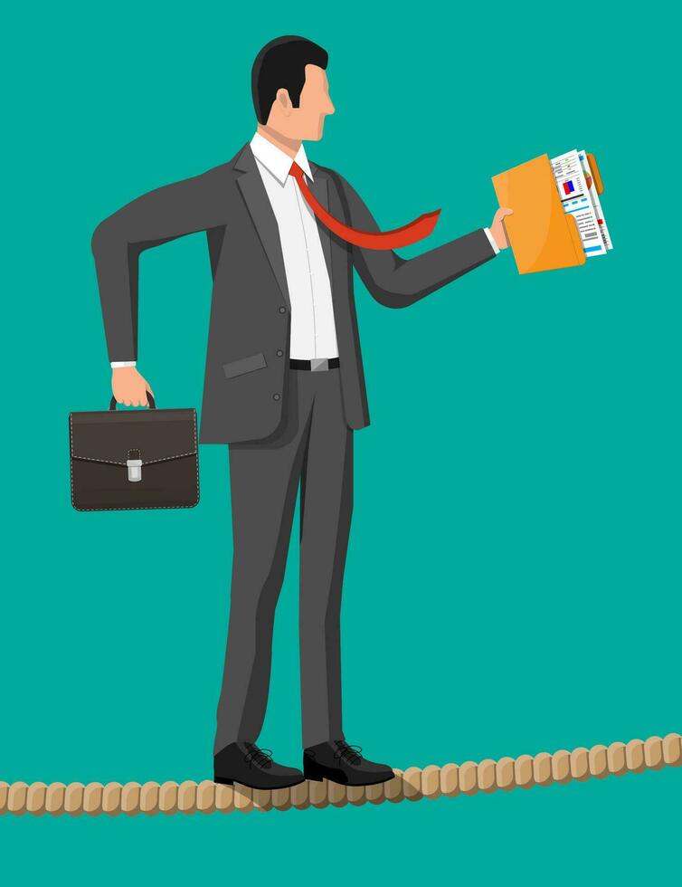 Businessman in suit walking on rope with suitcase and folder. Business man walking on tightrope gap. Obstacle on road, financial crisis. Risk management challenge. Vector illustration in flat style