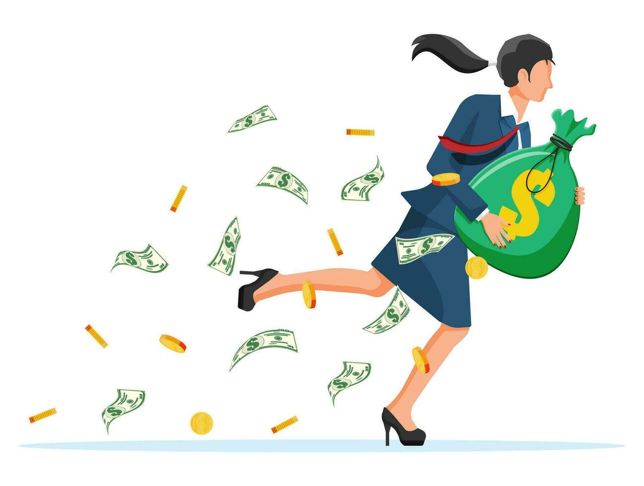 Businesswoman holding cloth sack full of money. Business woman with bag full of cash. Growth, income, savings, investment. Symbol of wealth. Business success. Flat style vector illustration.