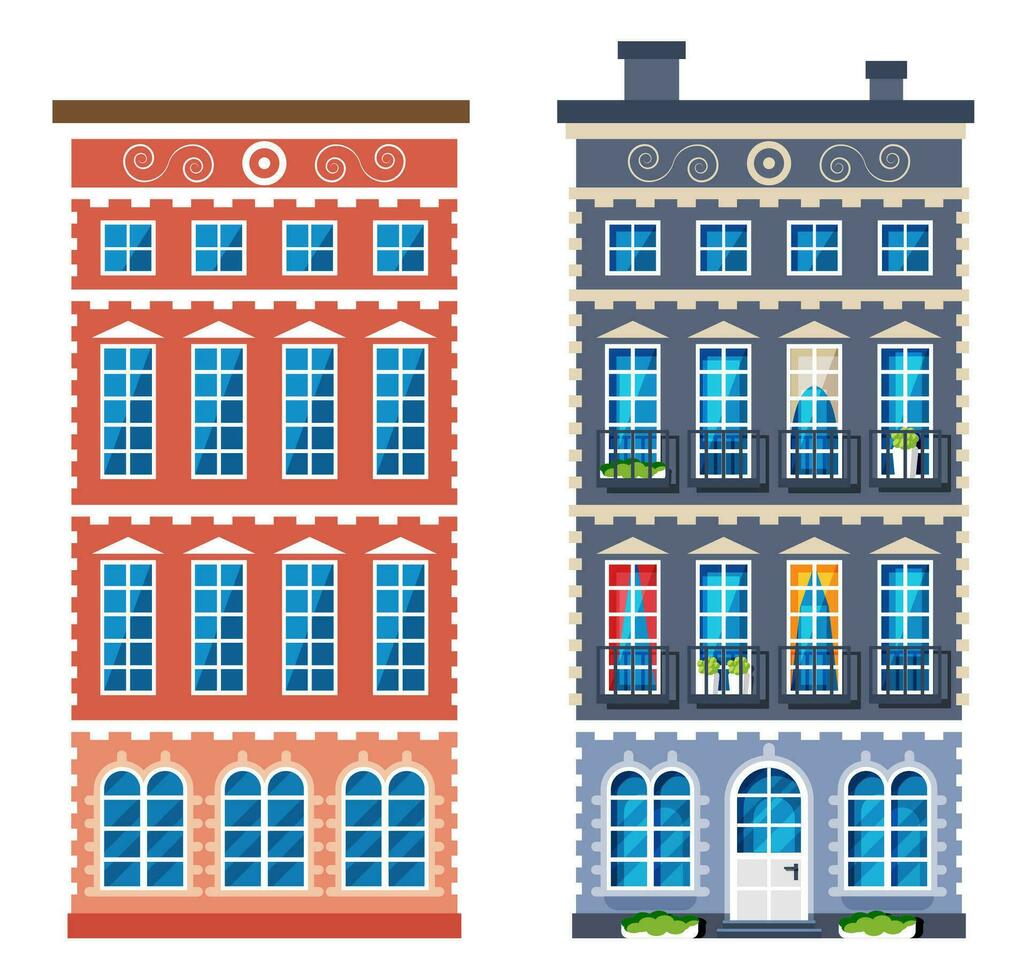 residencial casa icono en holandés estilo. Amsterdam antiguo edificio aislado en blanco. histórico fachada con ventanas, puerta, flores y cortinas arquitectura de Países Bajos. dibujos animados plano vector ilustración