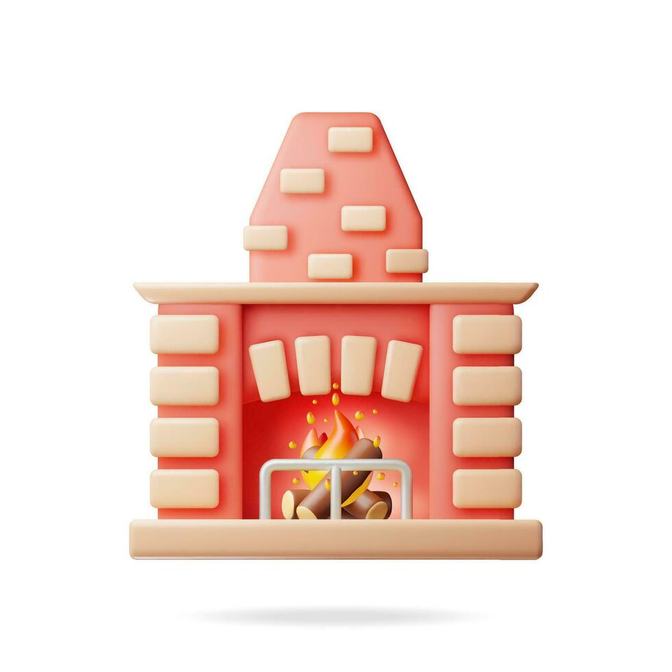 3D Fireplace with Burning Wood Isolated. Render Winter Interior Bonfire. Bright Burning Flame and Smoldering Logs Inside. Home Fireplace for Comfort and Relaxation. Realistic Vector Illustration