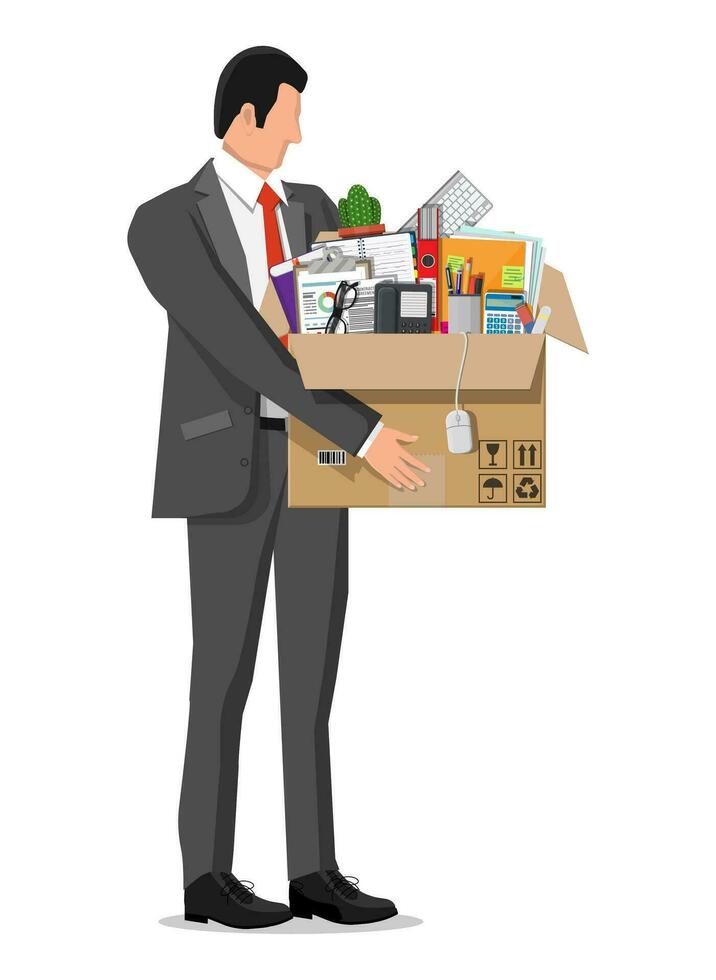 Businessman moving to new office. Cardboard box with folder, document paper, contract, calculator, pen pencils, eyeglasses, book, ring binder phone. Keyboard, mouse cactus. Flat vector illustration