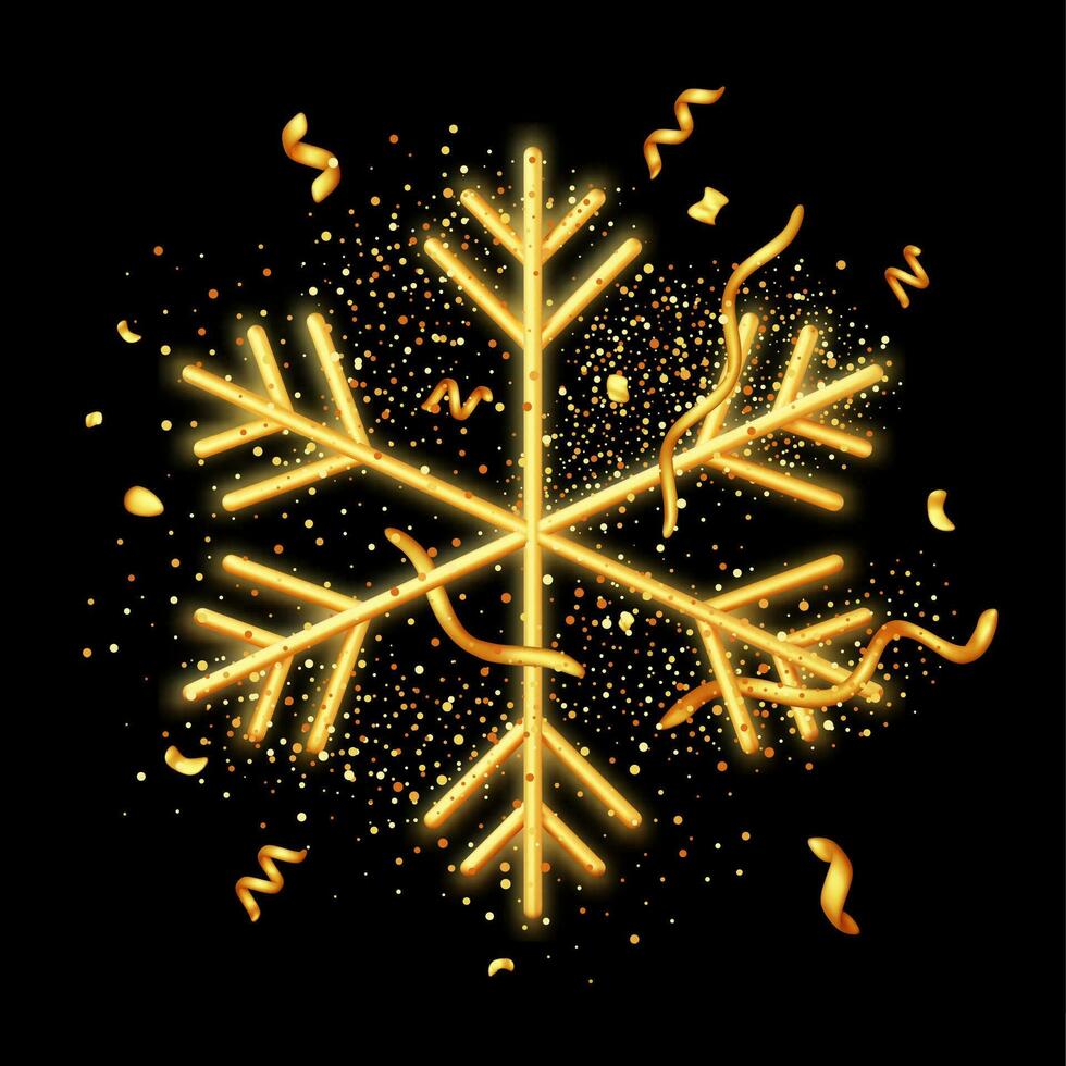 3D Sparkling Golden Snowflake with Glitter Texture Isolated. Render Christmas Decoration Snow Flake.. Merry Christmas Holiday. New Year and Xmas Celebration. Realistic Vector Illustration