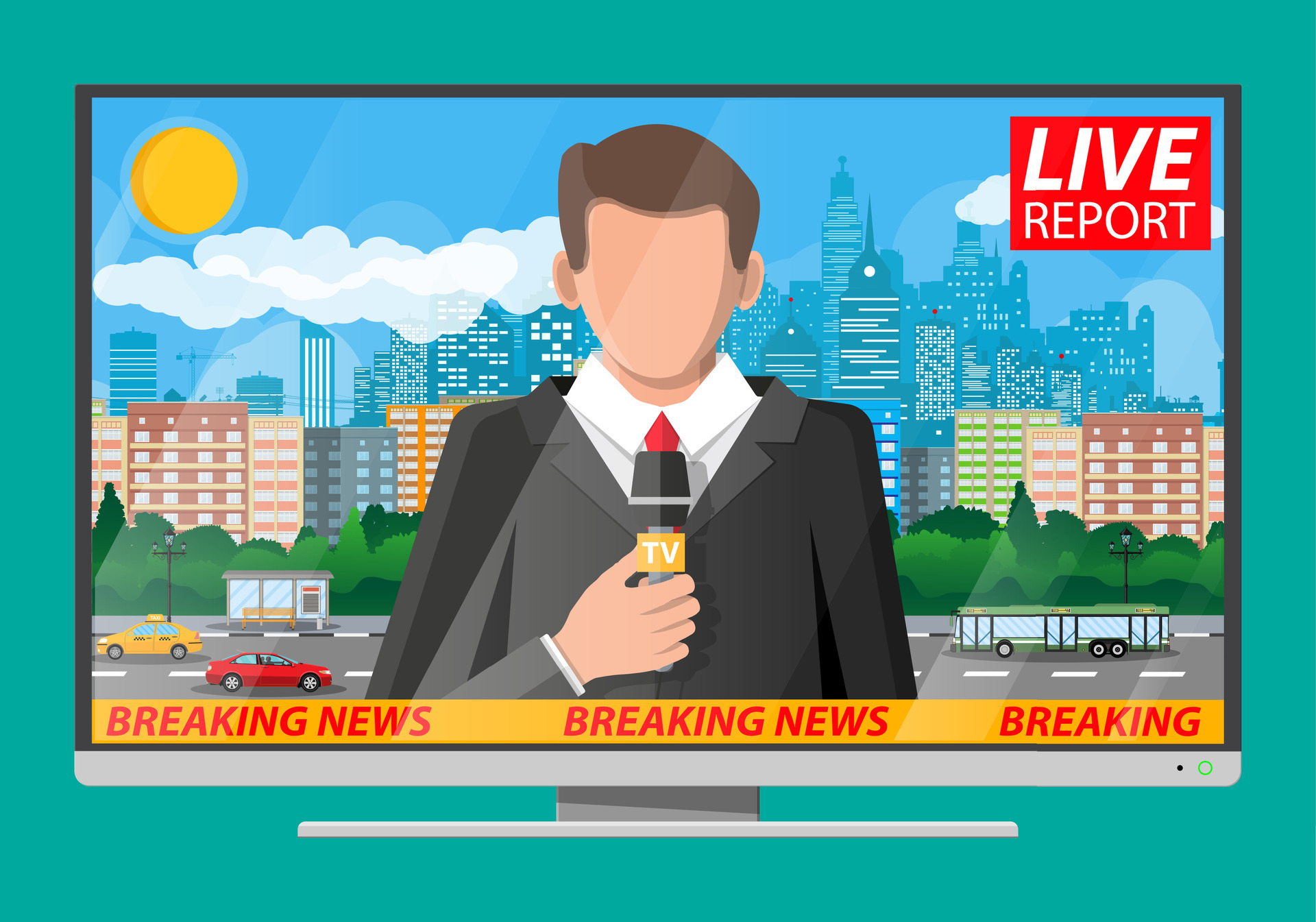 Noticias locutor en el estudio. paisaje urbano con edificios, nubes