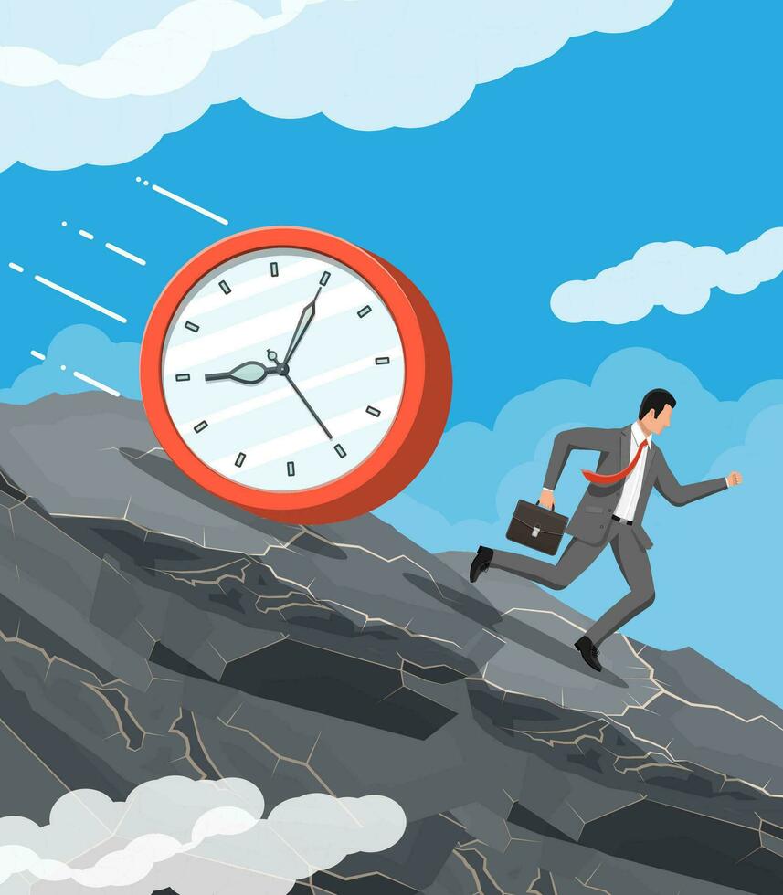 Businessman is running from big clock. Business man rushing hurry to get on time. Overwork, deadline, savings, bank deposit, future income, money benefit. Time is money. Flat vector illustration
