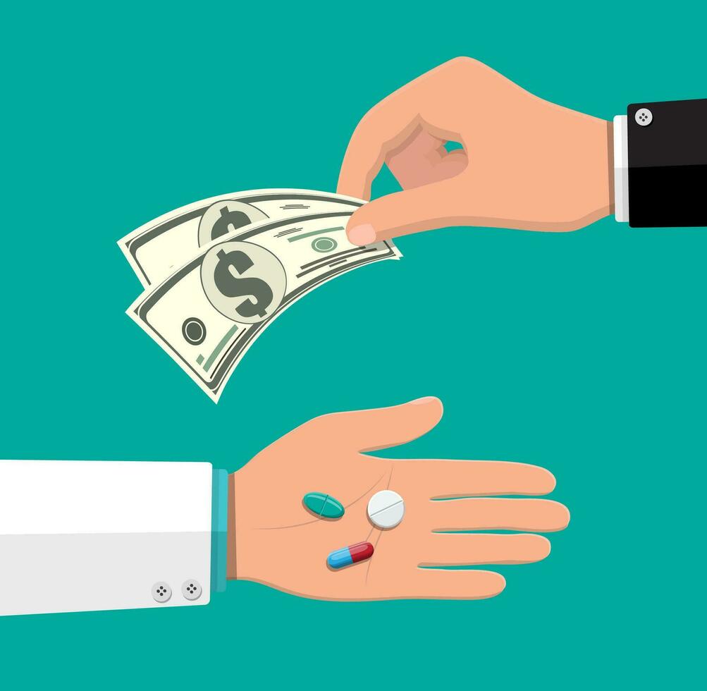 Hand of pharmacist with pills, healthcare and shopping, pharmacy, drug store. Hand with money. Delivery. Medical drug, vitamin, antibiotic. Vector illustration in flat style