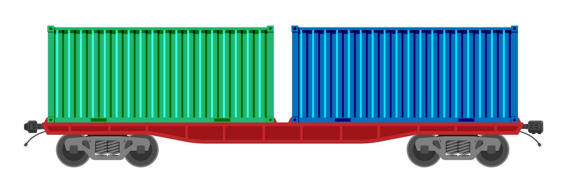 Freight railroad car isolated on white background. Freight container platform wagon. Flatcar part of cargo train. Industrial railroad transportation. Flat vector illustration
